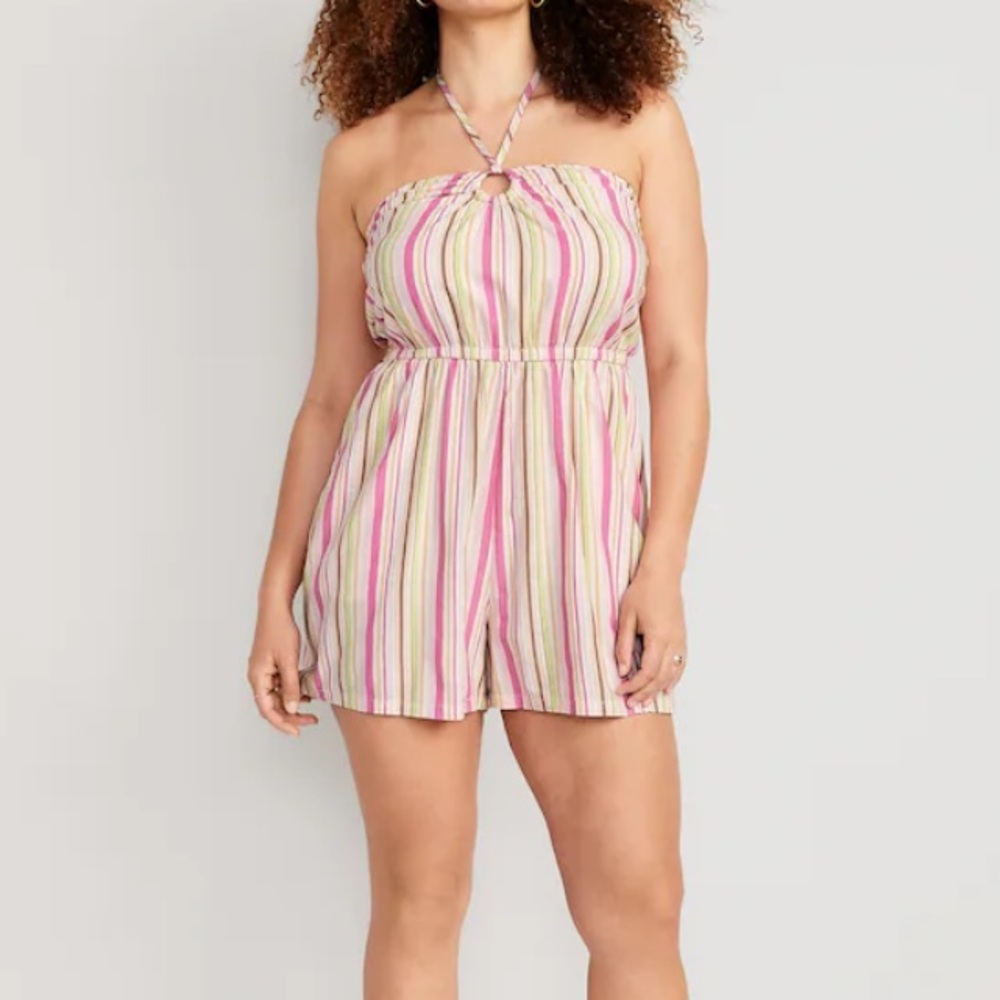 Old Navy Striped O-Ring Halter Romper for Women -- 3.5-inch inseam, Size Lg Tall